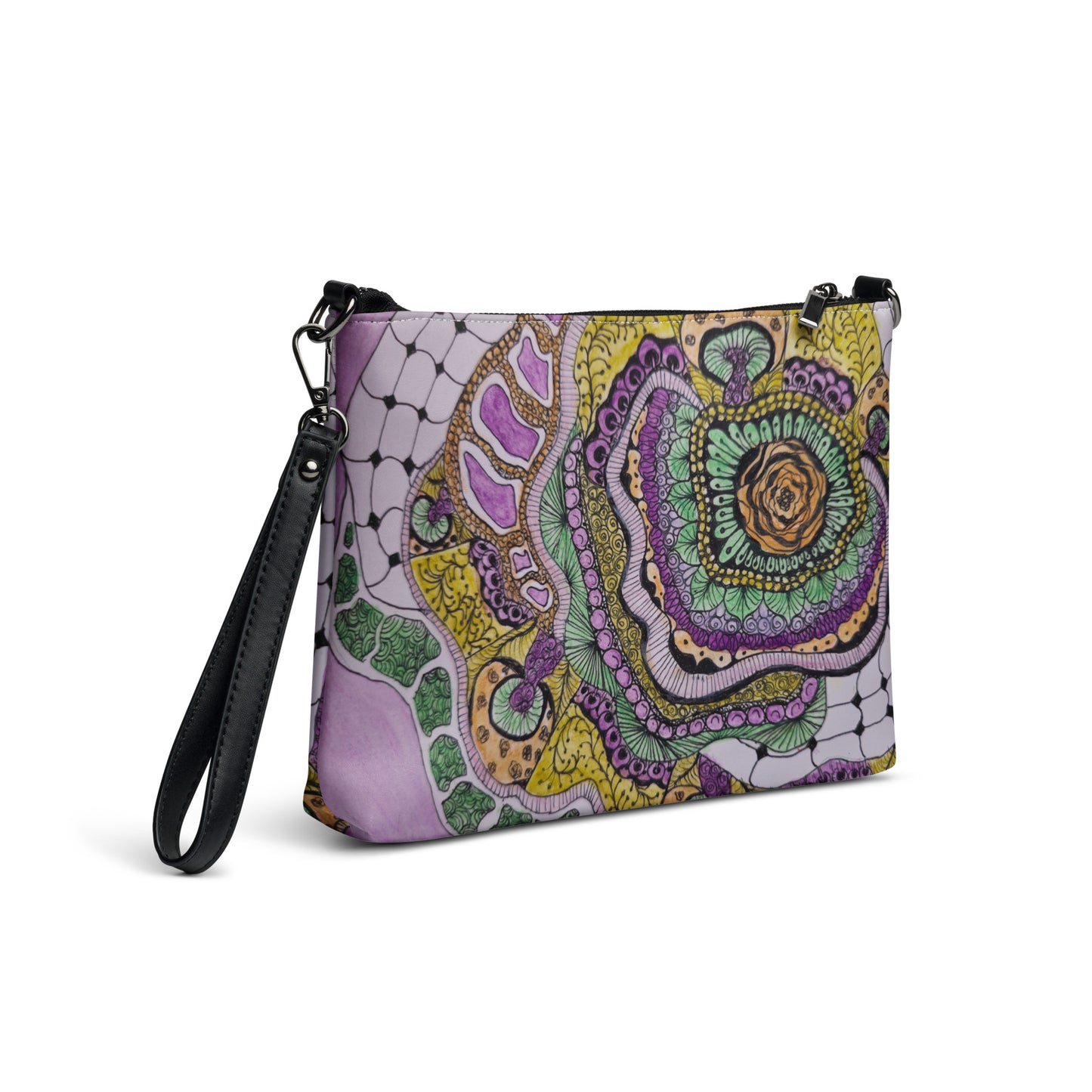 Crossbody Bag - Zen Floral Bliss, Zentangle Design Floral Art by Cathy Dement, Faux Leather, Interchangeable Wrist Strap