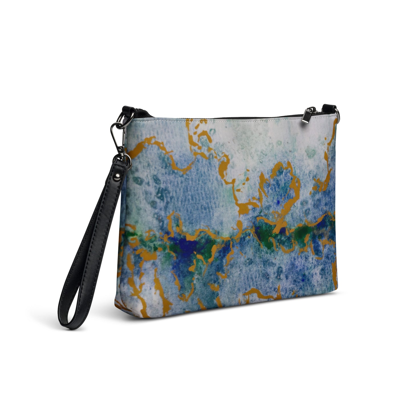 Crossbody Bag - Celestial Dreamscape, Abstract Watercolor in Blue, Green, and Gold by Cathy Dement, Faux Leather, Interchangeable Wrist Strap