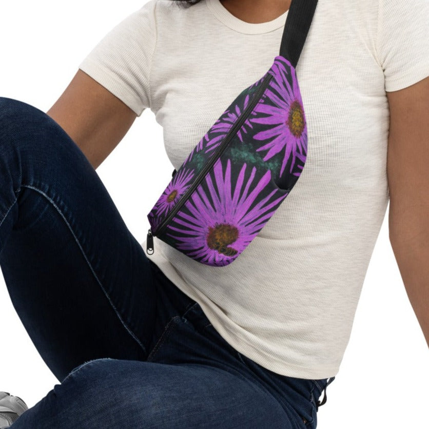 Purple Flower and Bee Belt Bag - Floral Design Fanny Pack by Cathy Dement, Water-Resistant