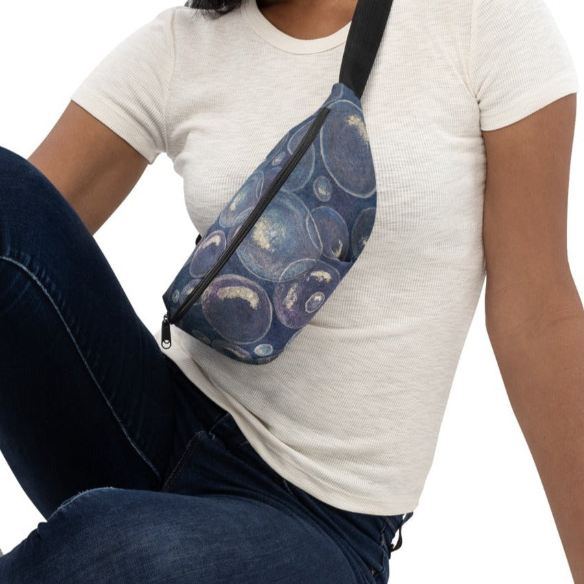 Tranquil Reflections: Blue and White Reflective Bubbles Fanny Pack Waist Bag