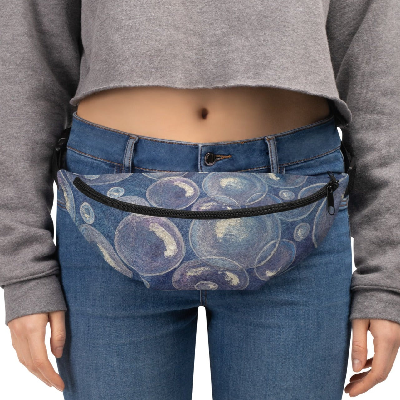 Tranquil Reflections: Blue and White Reflective Bubbles Fanny Pack Waist Bag