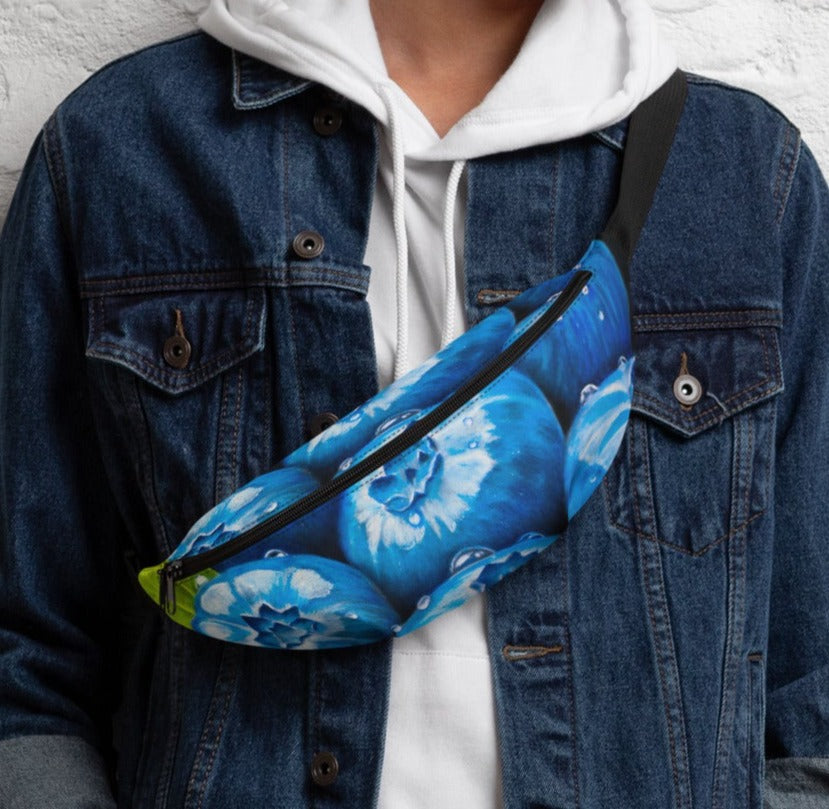 Berry Bliss Fanny Pack - Blueberries with Water Droplets, Waist Bag/Belt Bag, Artwork by Cathy Dement