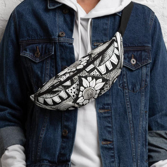 Fanny Pack: Zen-dala, Monochrome Floral Artwork Design, Belt Bag by Cathy Dement