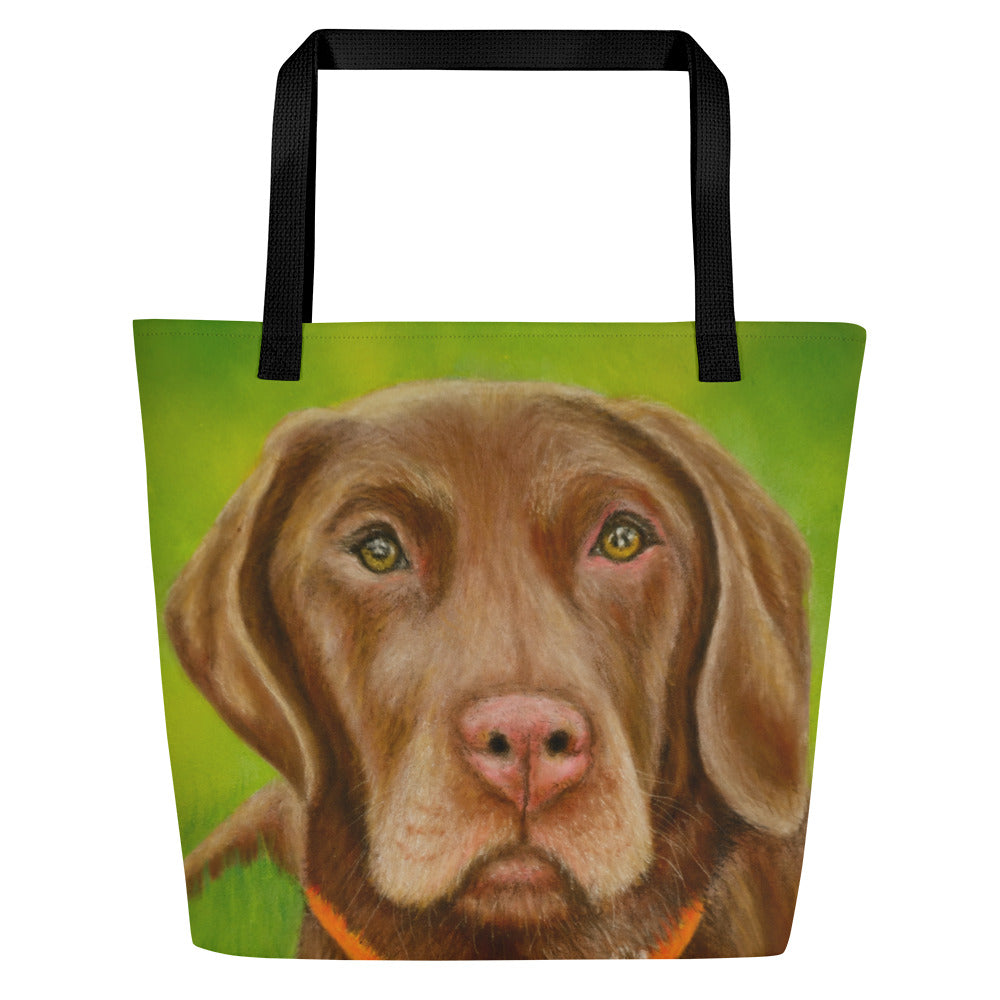 Tote Bag With Pocket: Chocolate Lab Dog Portrait Artwork By Cathy Dement