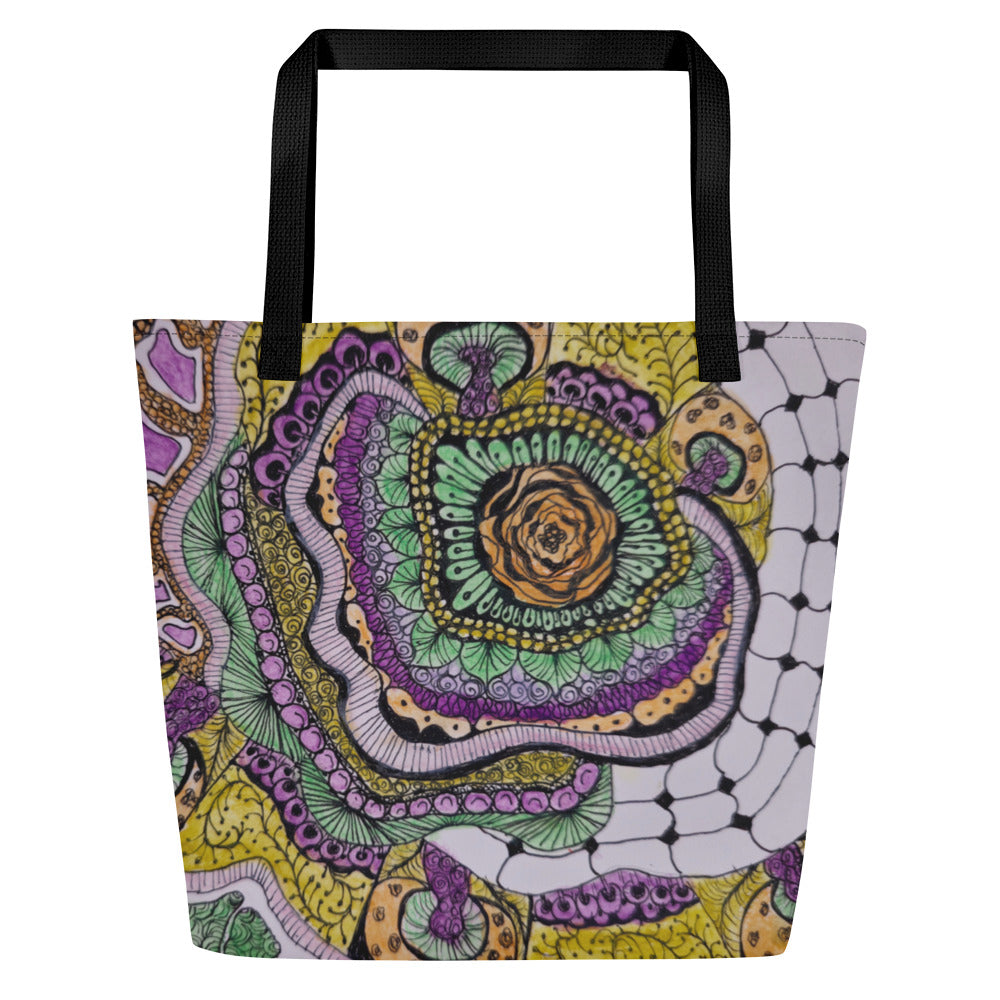 Tote Bag with Pocket: Zen Floral Bliss - Floral Zentangle Artwork Design by Cathy Dement, 16x20 Inches