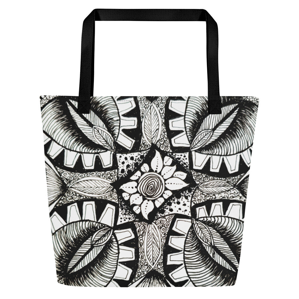 Large Tote Bag with Pocket - Zen-dala, Monochrome Zentangle, Floral Artwork Design