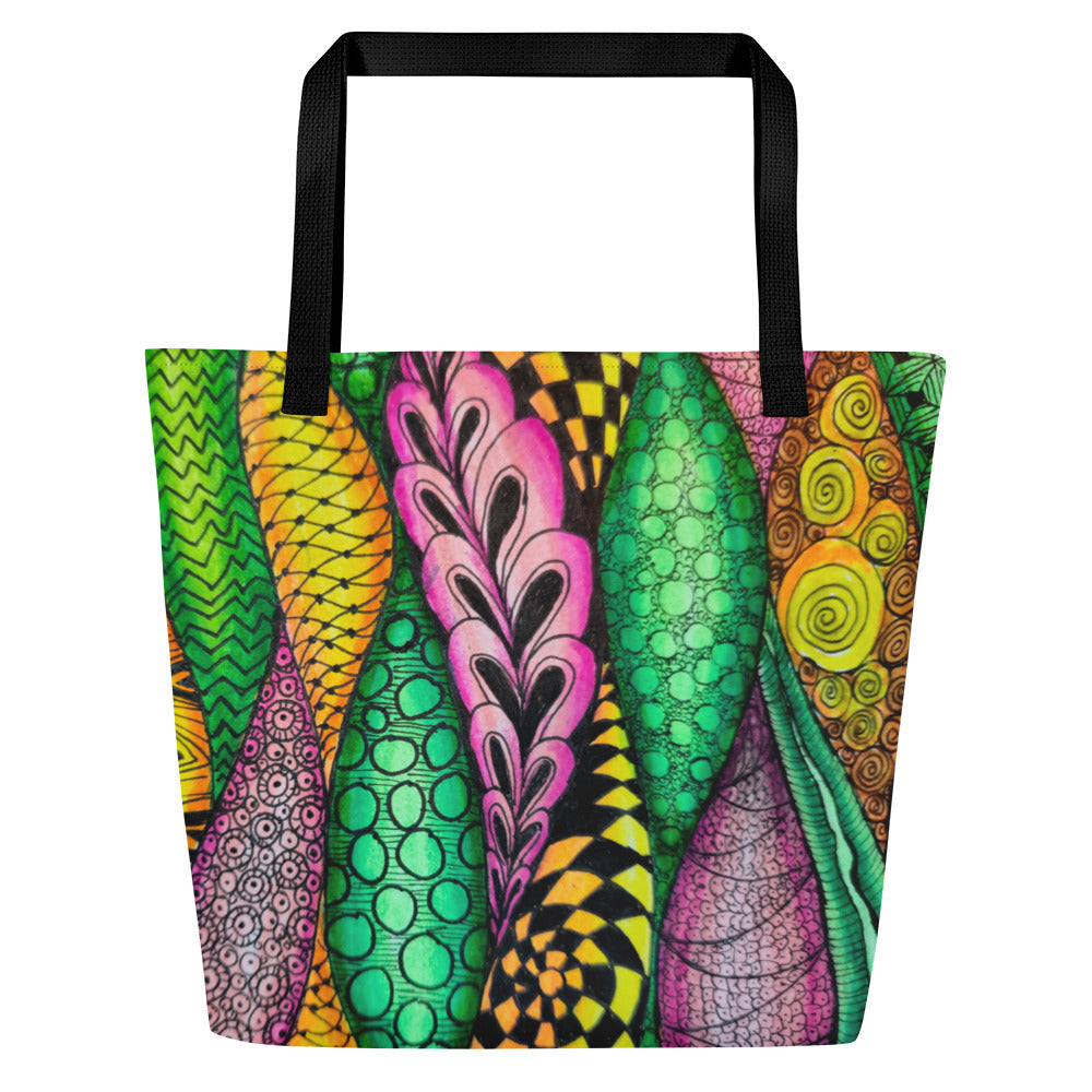 All-Over Print Large Tote Bag - Zen Bloom,  Colorful Zentangle, Floral Artwork Design