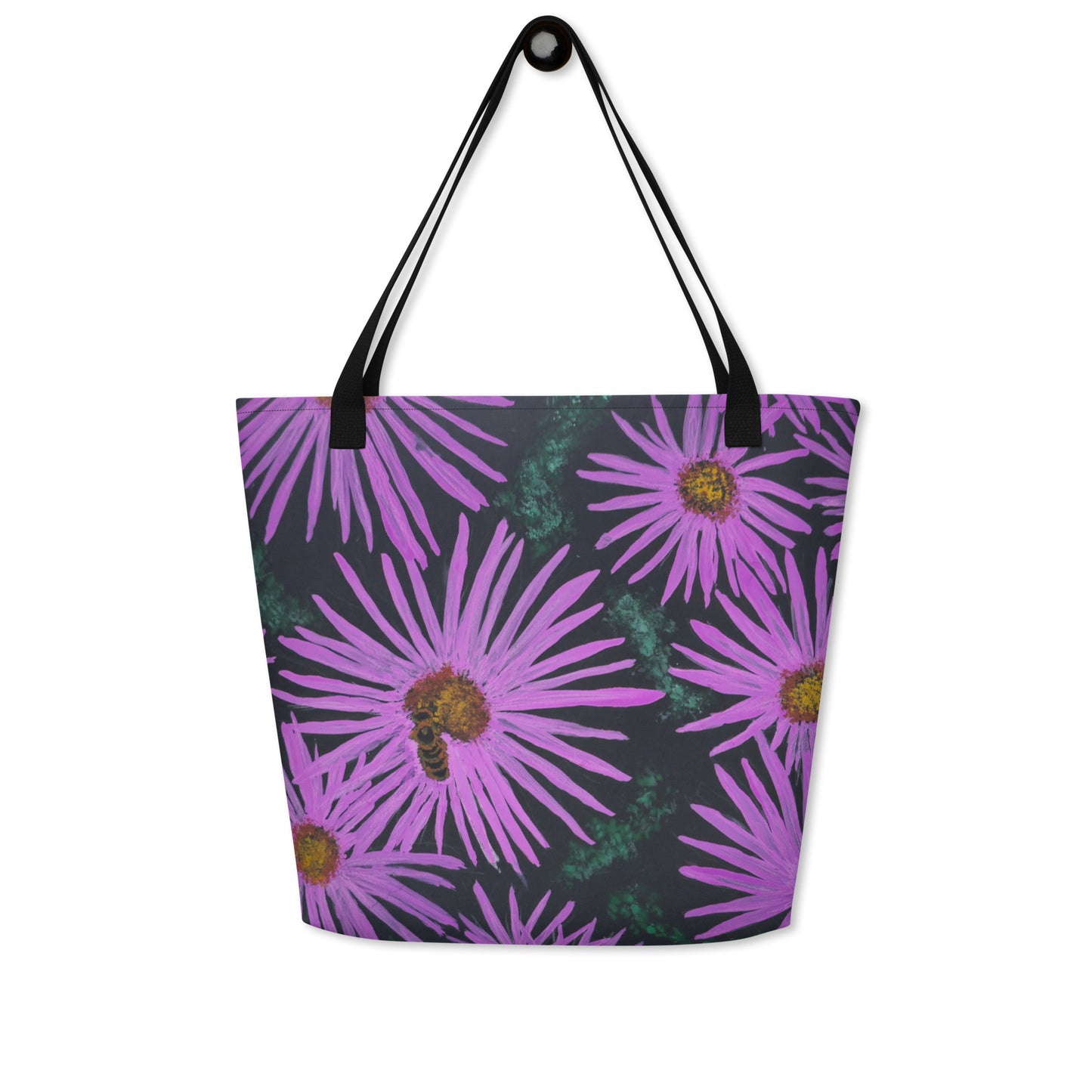 Large Tote Bag with Pocket - Purple Aster Flower with Bee - Colorful Floral Artwork Design