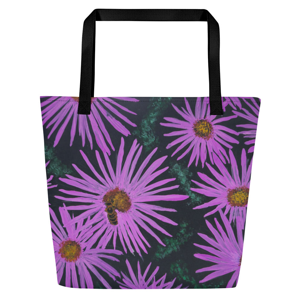 Large Tote Bag with Pocket - Purple Aster Flower with Bee - Colorful Floral Artwork Design