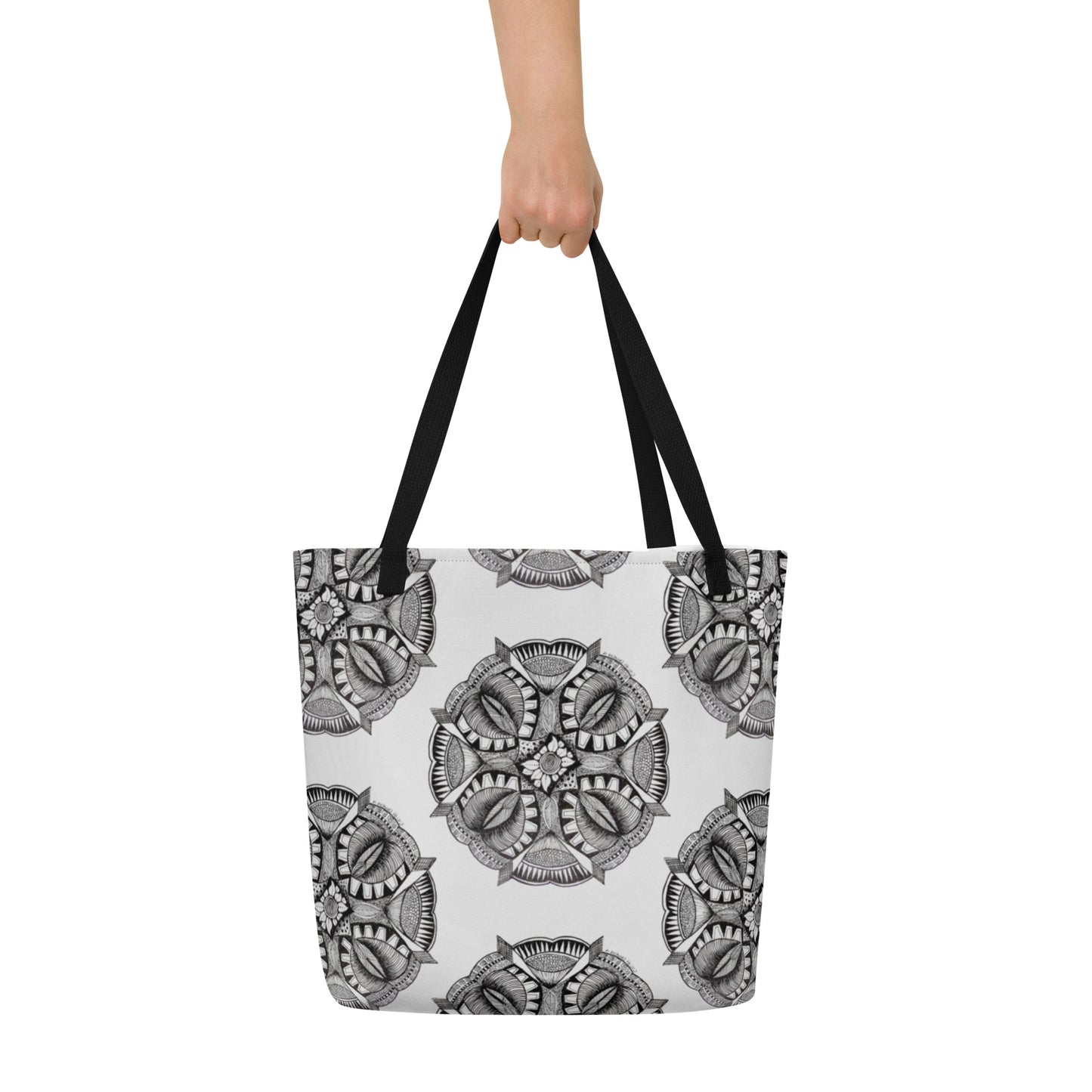 Tote Bag with Pocket - Zen-Dala, Monochrome Zentangle Mandala, Floral Artwork Design