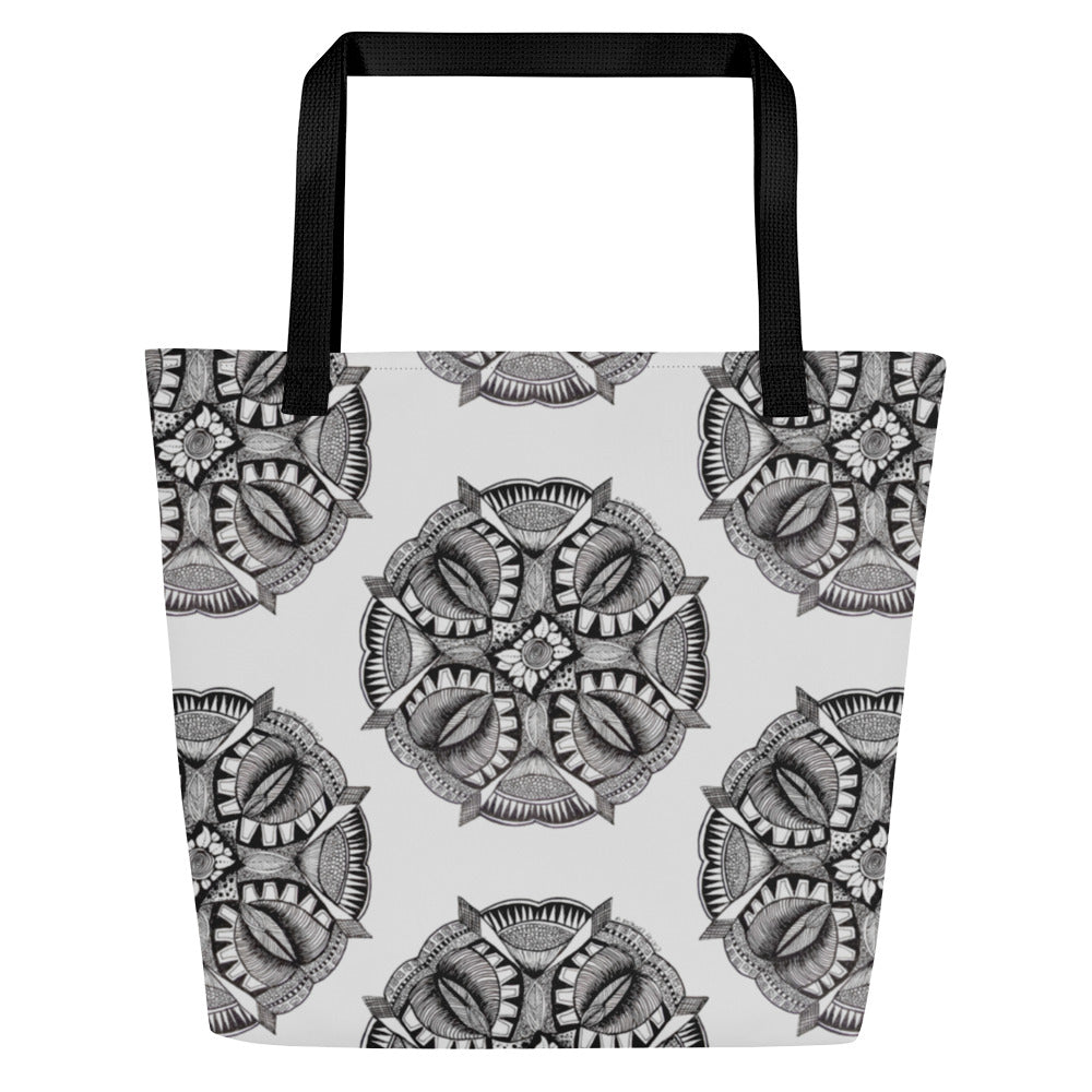 Tote Bag with Pocket - Zen-Dala, Monochrome Zentangle Mandala, Floral Artwork Design