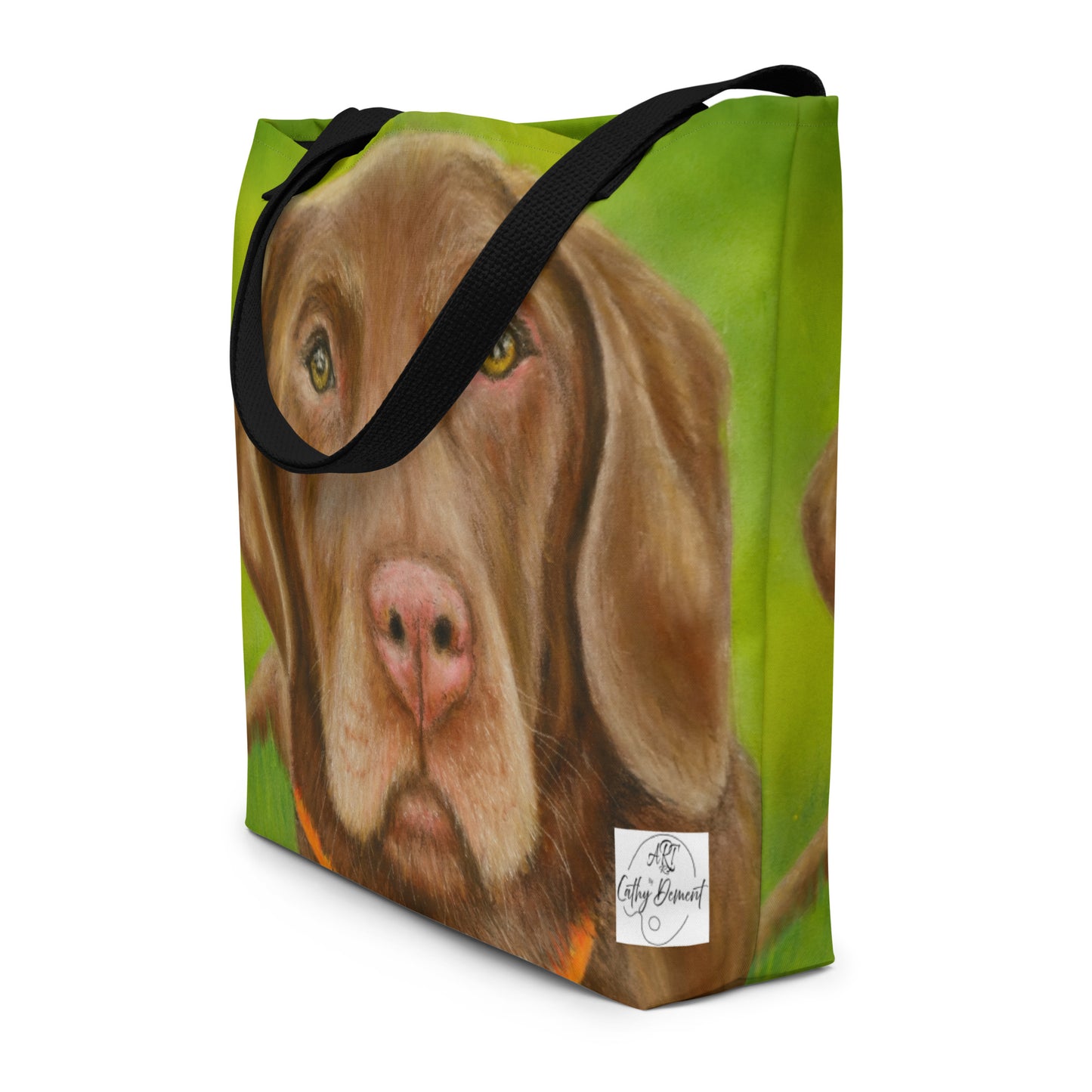 Tote Bag With Pocket: Chocolate Lab Dog Portrait Artwork By Cathy Dement