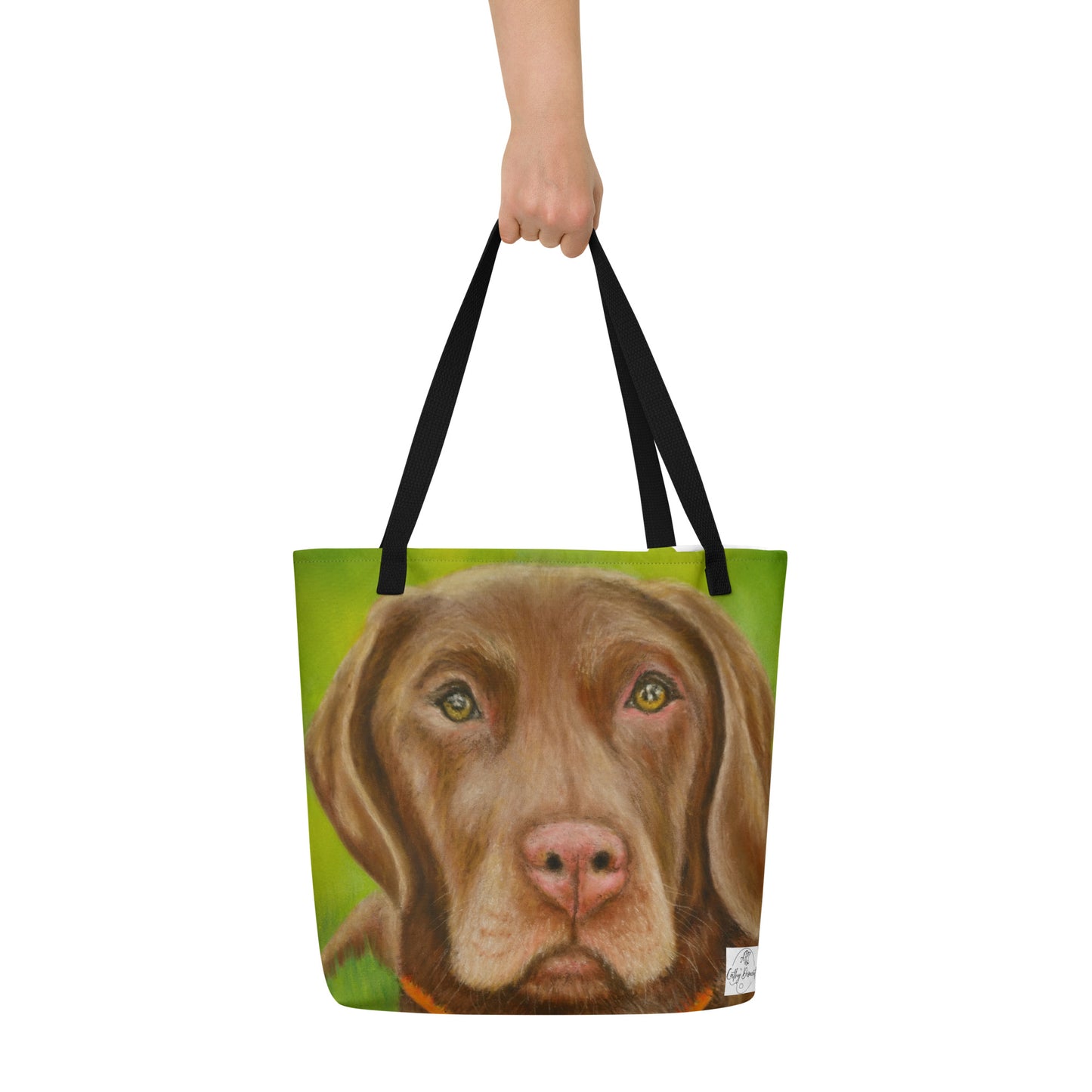 Tote Bag With Pocket: Chocolate Lab Dog Portrait Artwork By Cathy Dement