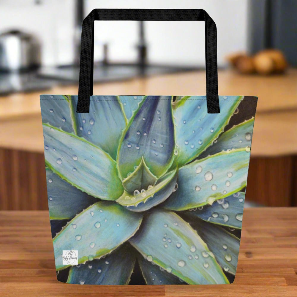 Dessert Jewel Tote Bag with Pocket - Vibrant Agave Plant with Dew Drops Artwork by Cathy Dement