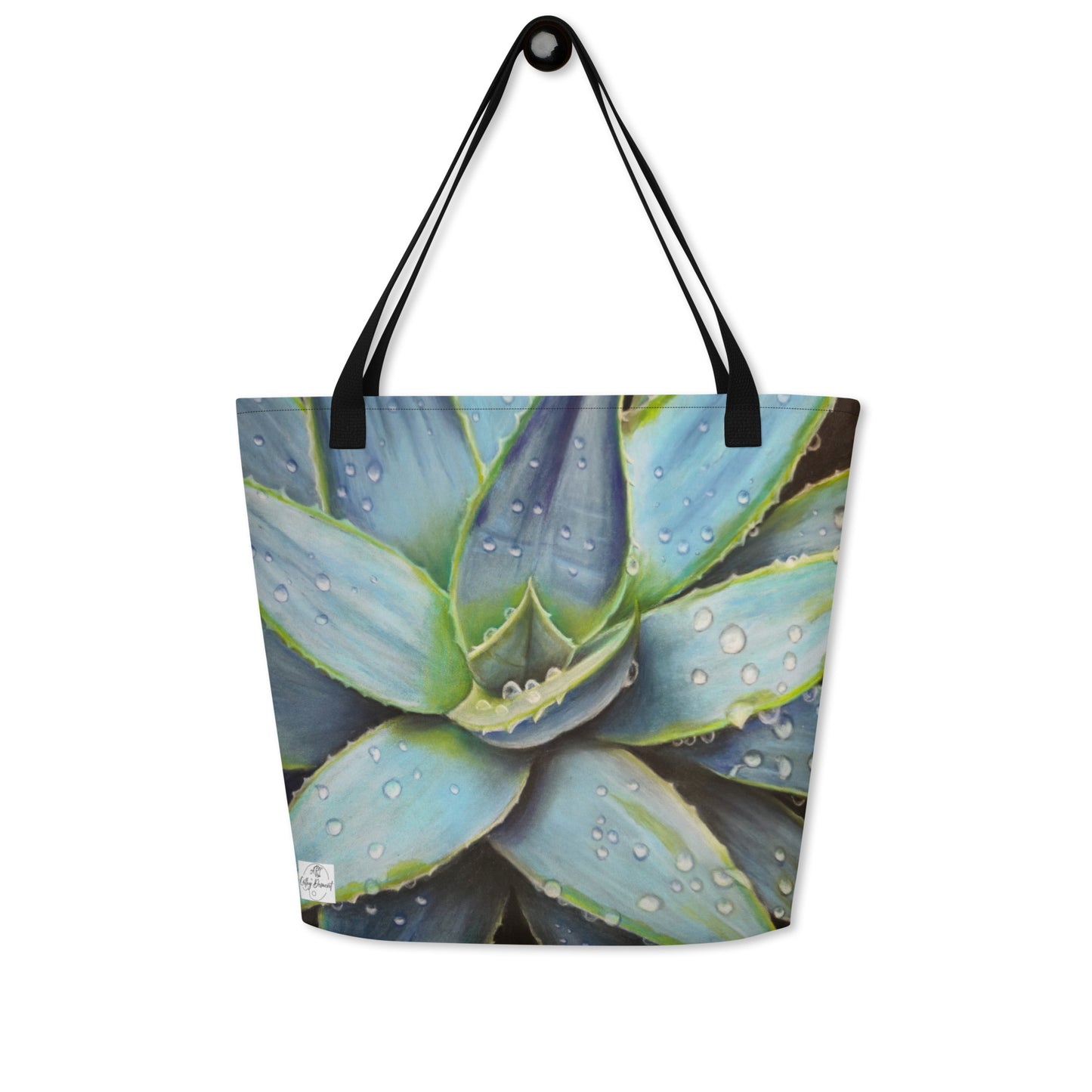 Desert Jewel Tote Bag with Pocket - Vibrant Agave Plant with Dew Drops Artwork by Cathy Dement