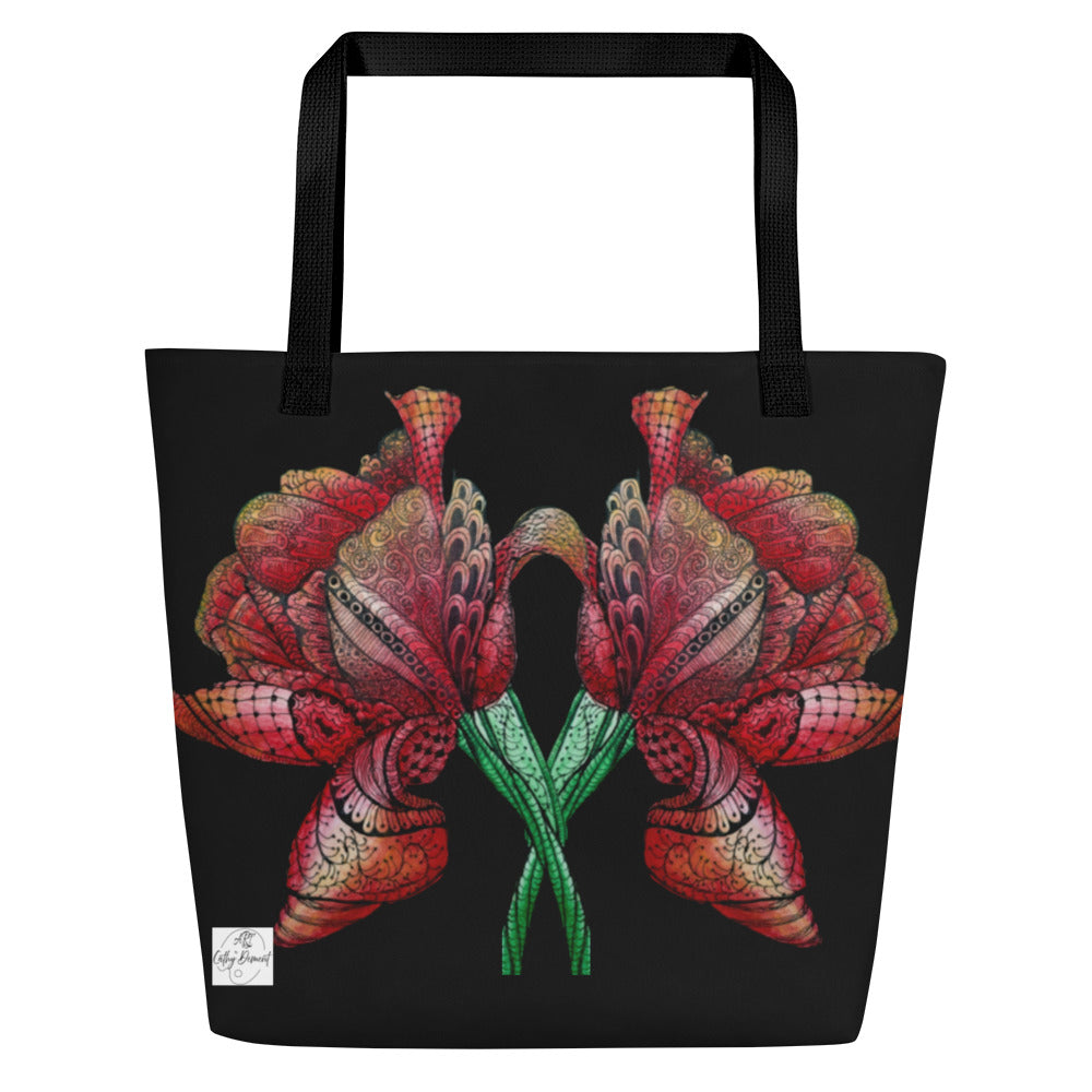 Tote Bag with Pocket: Zen Floral Harmony Zentangle Artwork Design - 16x20" Vibrant & Durable by Cathy Dement