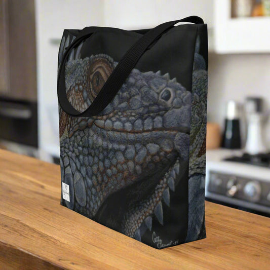 Tote Bag with Pocket: Reflective Reverie - Iguana's Gaze Artwork Design by Cathy Dement, 16x20