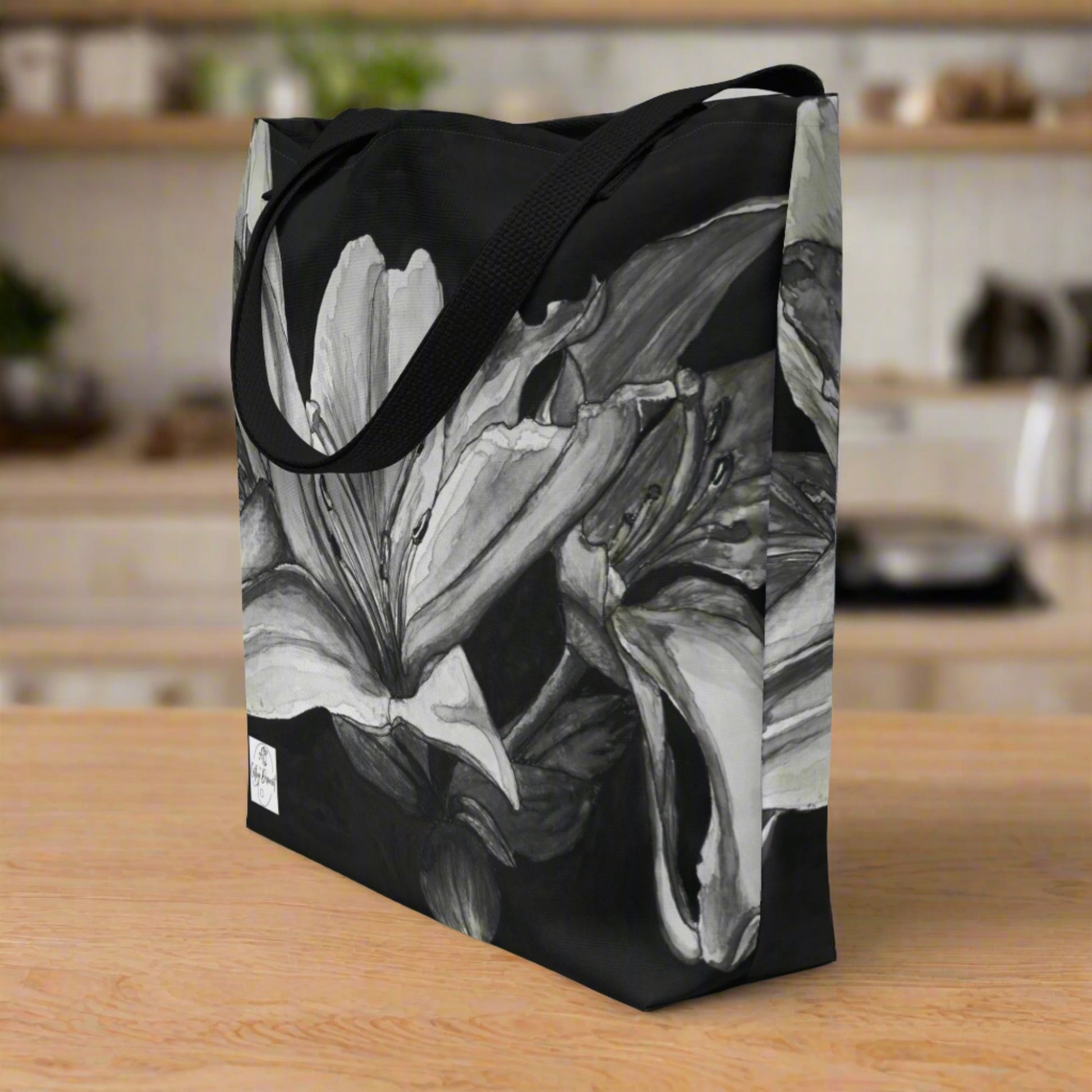 Tote Bag with Pocket: Floral Elegance - Lily Artwork Design by Cathy Dement, 16x20 Inches