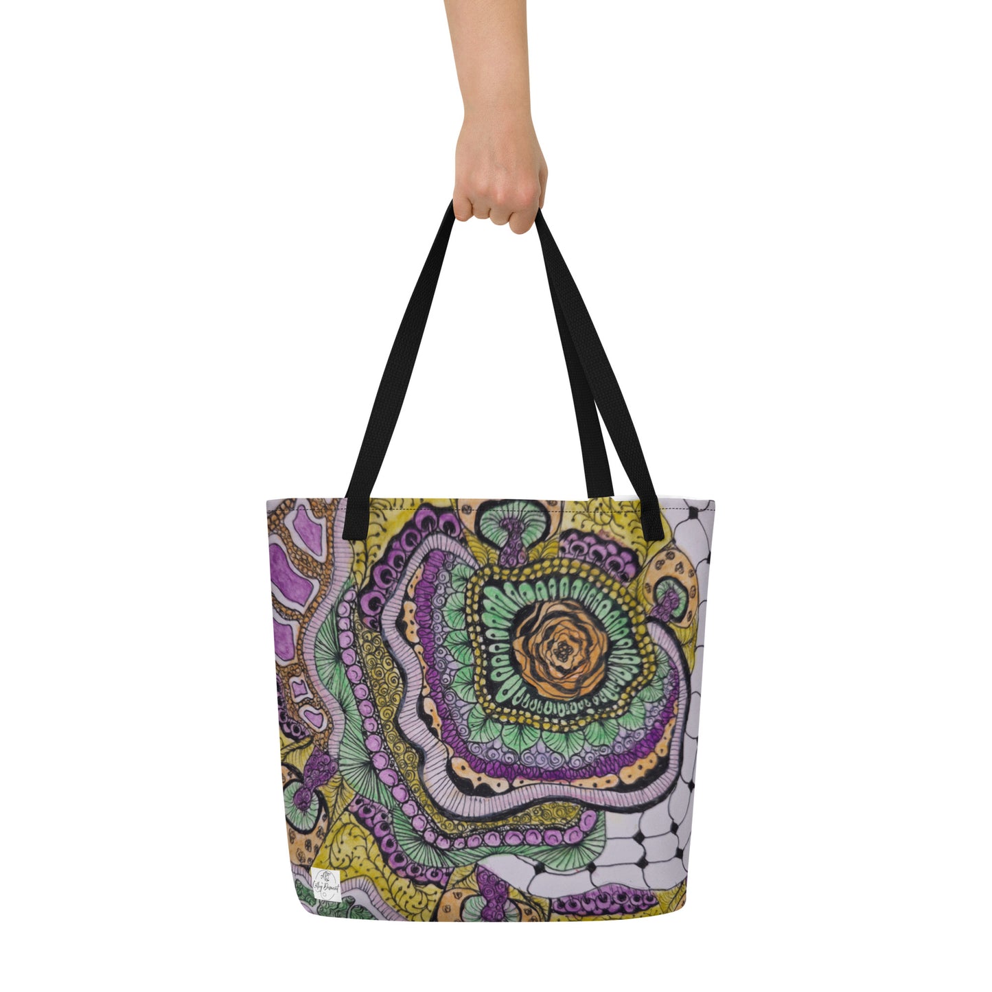 Tote Bag with Pocket: Zen Floral Bliss - Floral Zentangle Artwork Design by Cathy Dement, 16x20 Inches