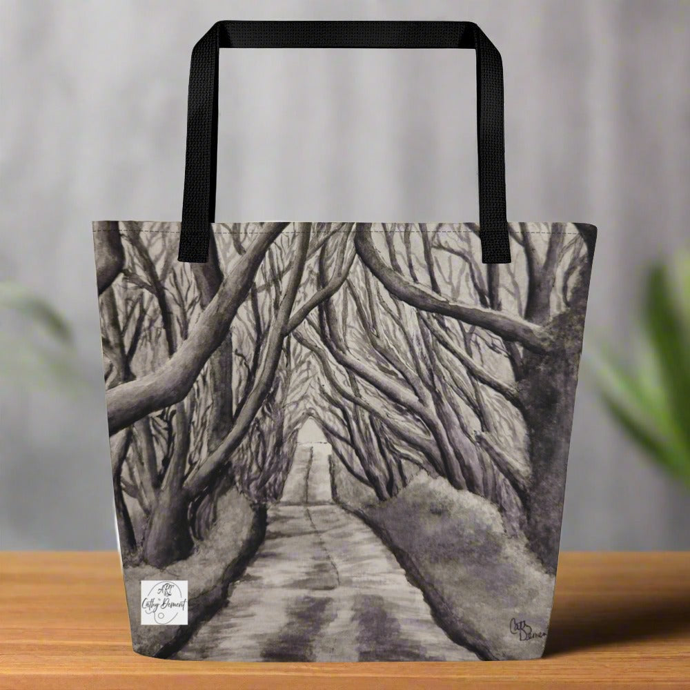 Tote Bag with Pocket: Tranquil Timber Forest Path Artwork Design by Cathy Dement, 16x20 Inches