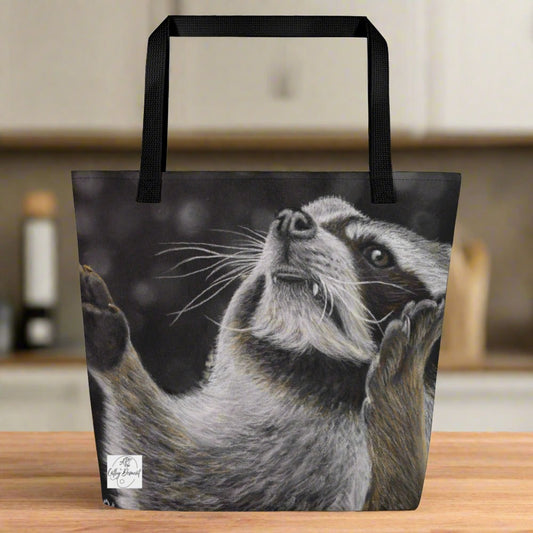 Tote Bag with Pocket: Catching Snowflakes - Cute Raccoon Artwork Design by Cathy Dement, 16x20 Inches