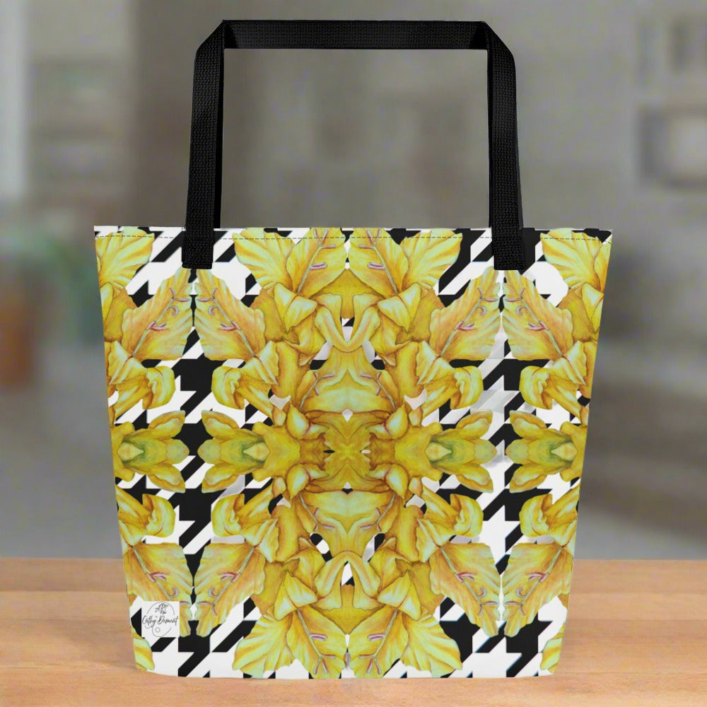 Tote Bag with Pocket: Hounds Tooth Pattern With Yellow Gladiola Artwork Design by Cathy Dement, 16x20 Inches