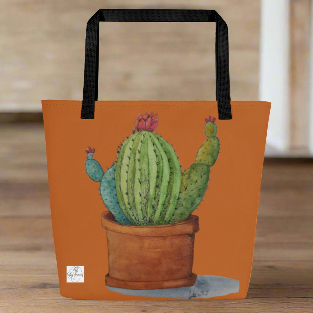 Tote Bag with Pocket: Adobe Oasis Succulent Plant Artwork Design by Cathy Dement, 16x20 Inches