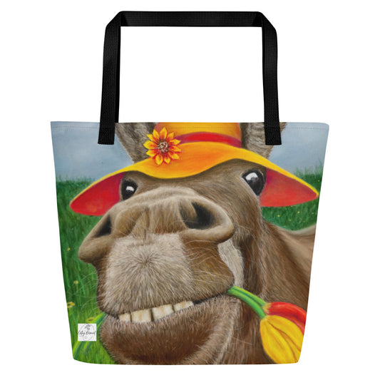 Tote Bag with Pocket: The Tulip Thief Whimsical Donkey in Floppy Hat Artwork Design by Cathy Dement, 16x20 Inches