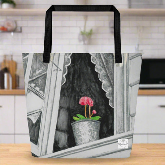 Tote Bag with Pocket: Stavanger Bloom Monochrome Window Portrait with Pink Flower Artwork Design by Cathy Dement, 16x20 Inches