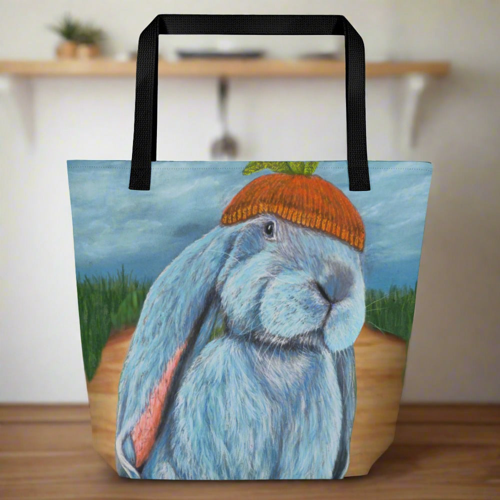 Tote Bag with Pocket: Carrot Couture - Whimsical Rabbit in Knit Carrot Cap Artwork Design by Cathy Dement, 16x20 Inches