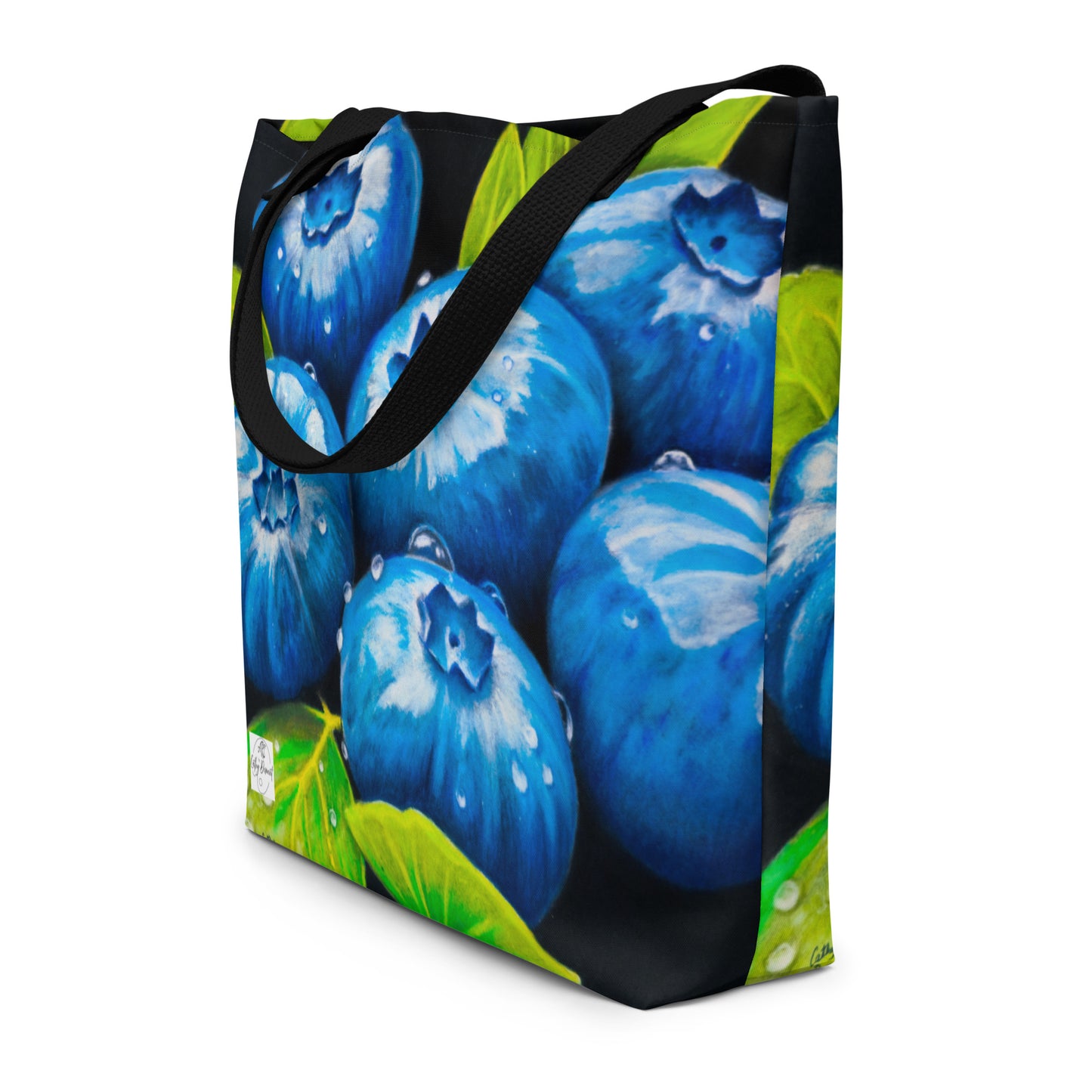 Tote Bag with Pocket - Blueberry Bliss - Berry Artwork with Dew Drops