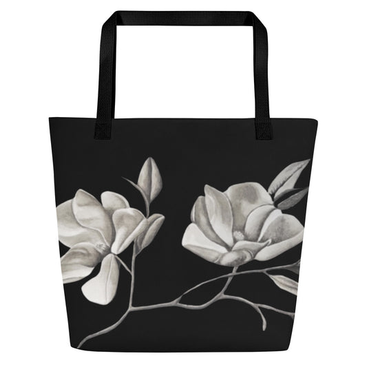 Tote Bag With Pocket - Midnight Magnolias, Monochrome Lily Artwork