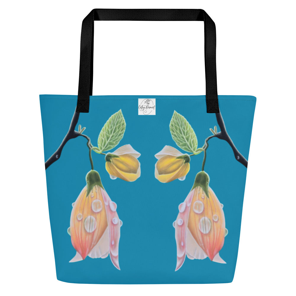 Tote Bag with Pocket - Tickled Pink, Colorful Abutilon Flower Artwork