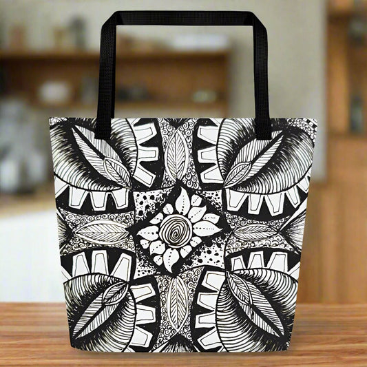 All-Over Print Large Tote Bag - Zen-dala, Monochrome Zentangle, Floral Artwork Design