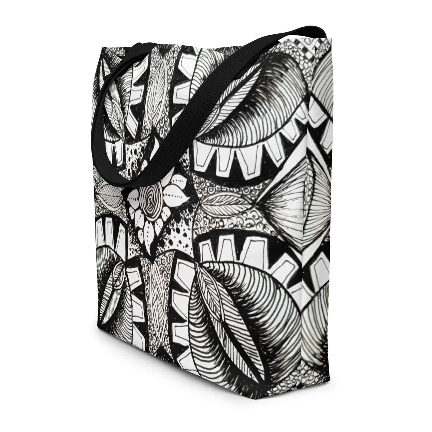 Large Tote Bag with Pocket - Zen-dala, Monochrome Zentangle, Floral Artwork Design