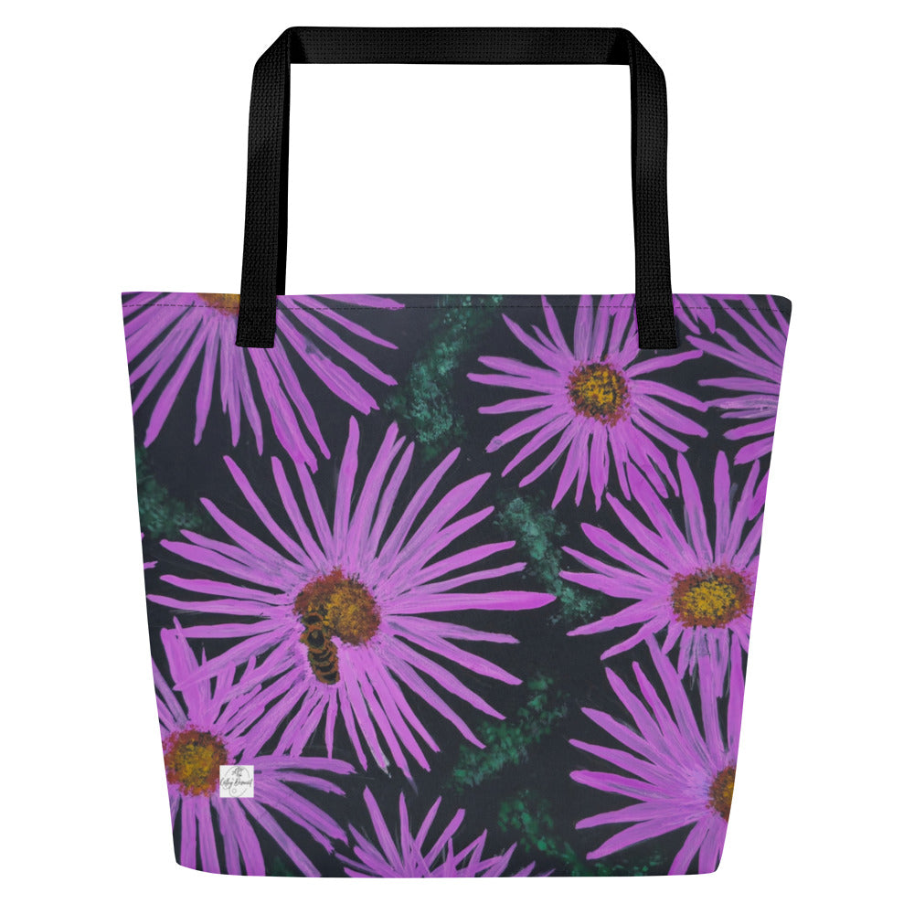 Large Tote Bag with Pocket - Purple Aster Flower with Bee - Colorful Floral Artwork Design