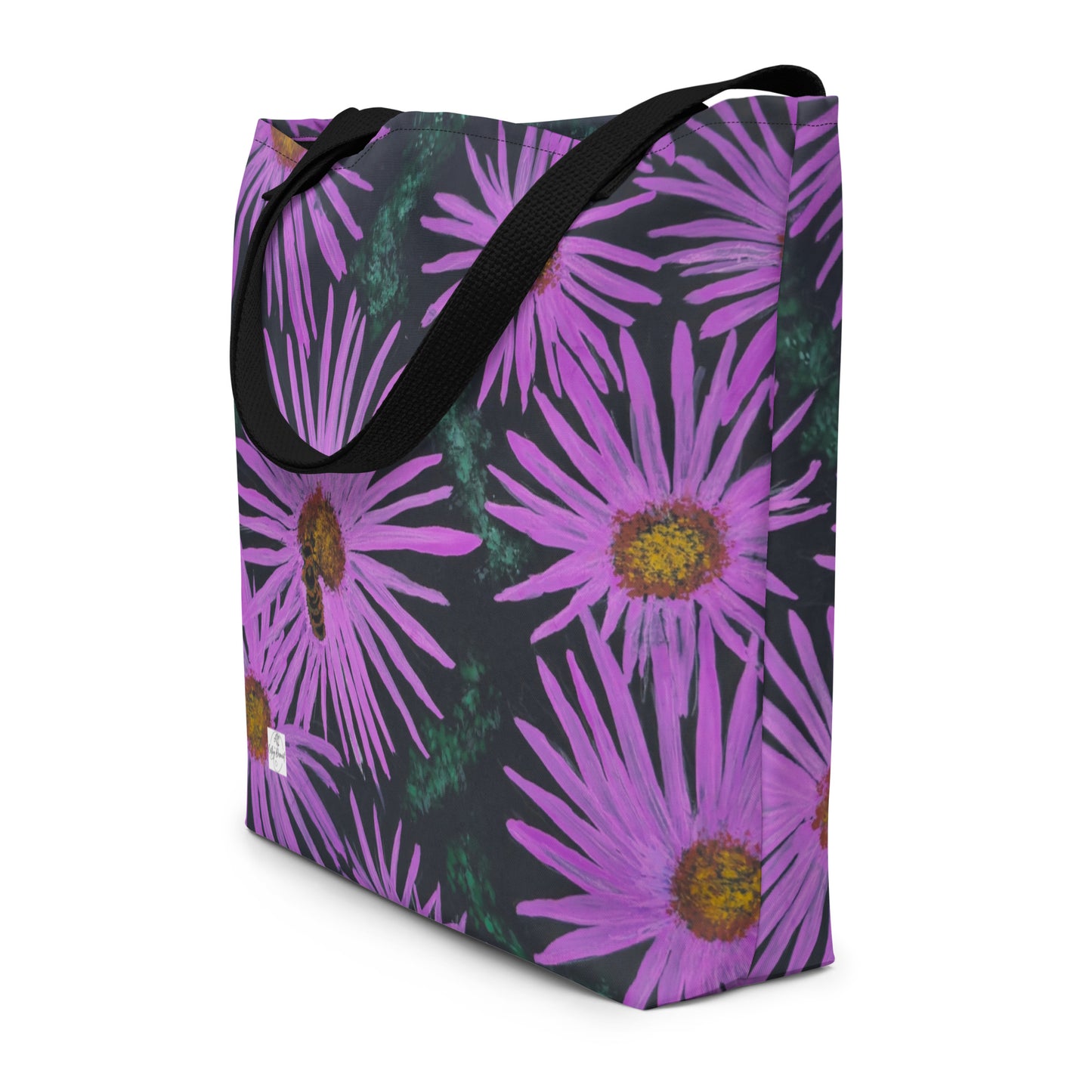 Large Tote Bag with Pocket - Purple Aster Flower with Bee - Colorful Floral Artwork Design