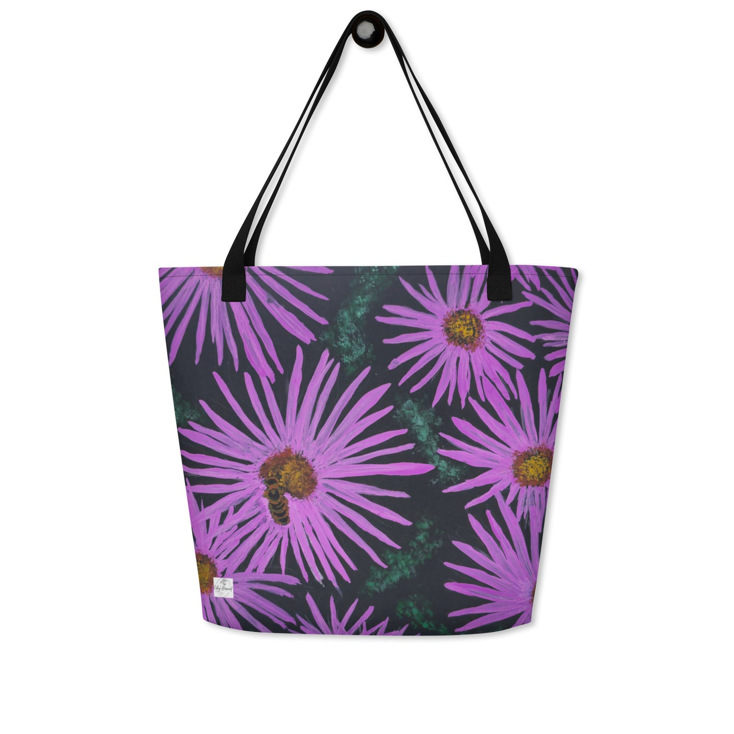 Large Tote Bag with Pocket - Purple Aster Flower with Bee - Colorful Floral Artwork Design