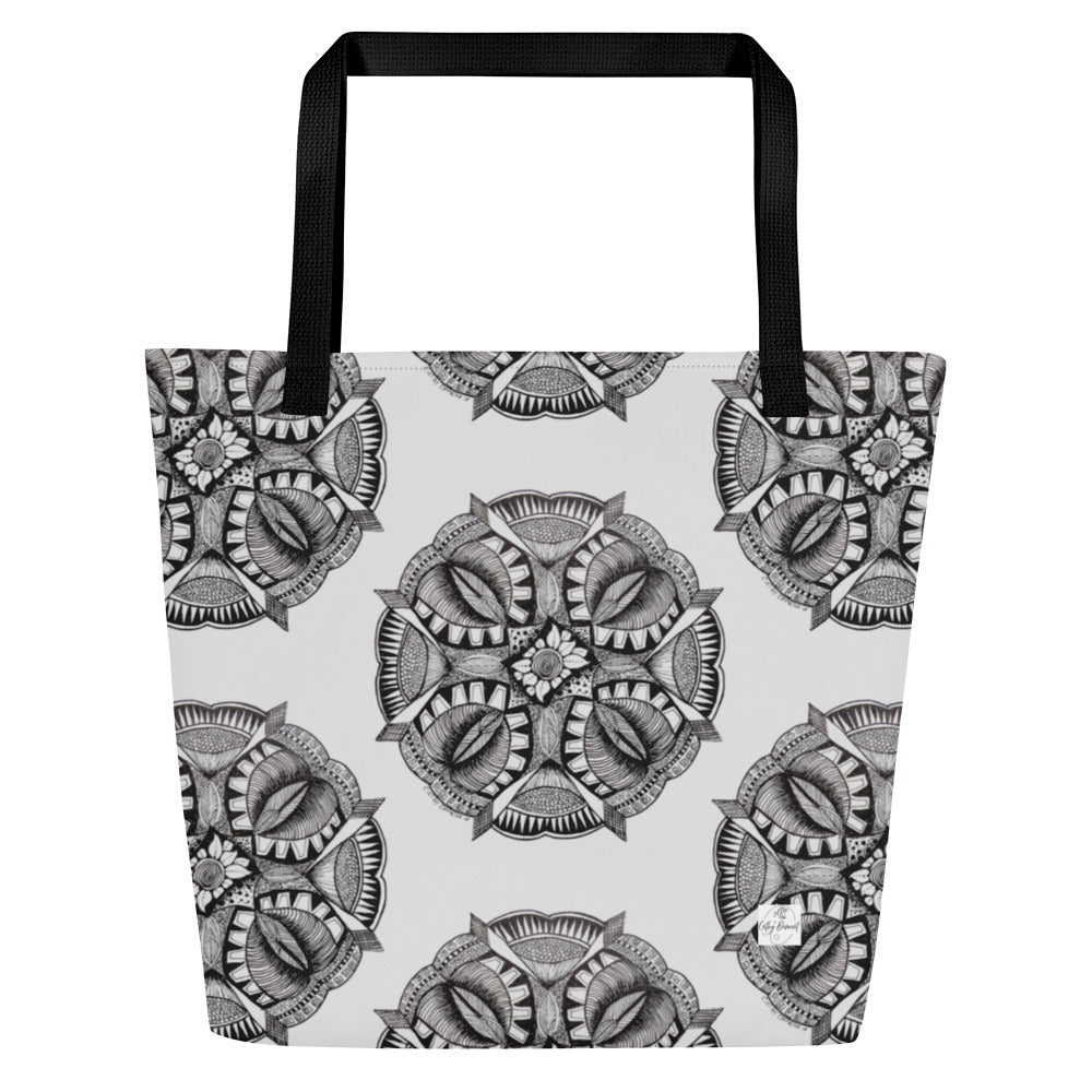 Tote Bag with Pocket - Zen-Dala, Monochrome Zentangle Mandala, Floral Artwork Design