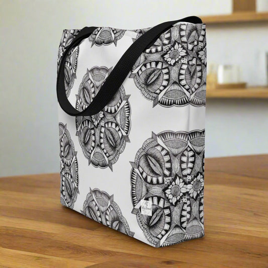 Tote Bag with Pocket - Zen-Dala, Monochrome Zentangle Mandala, Floral Artwork Design