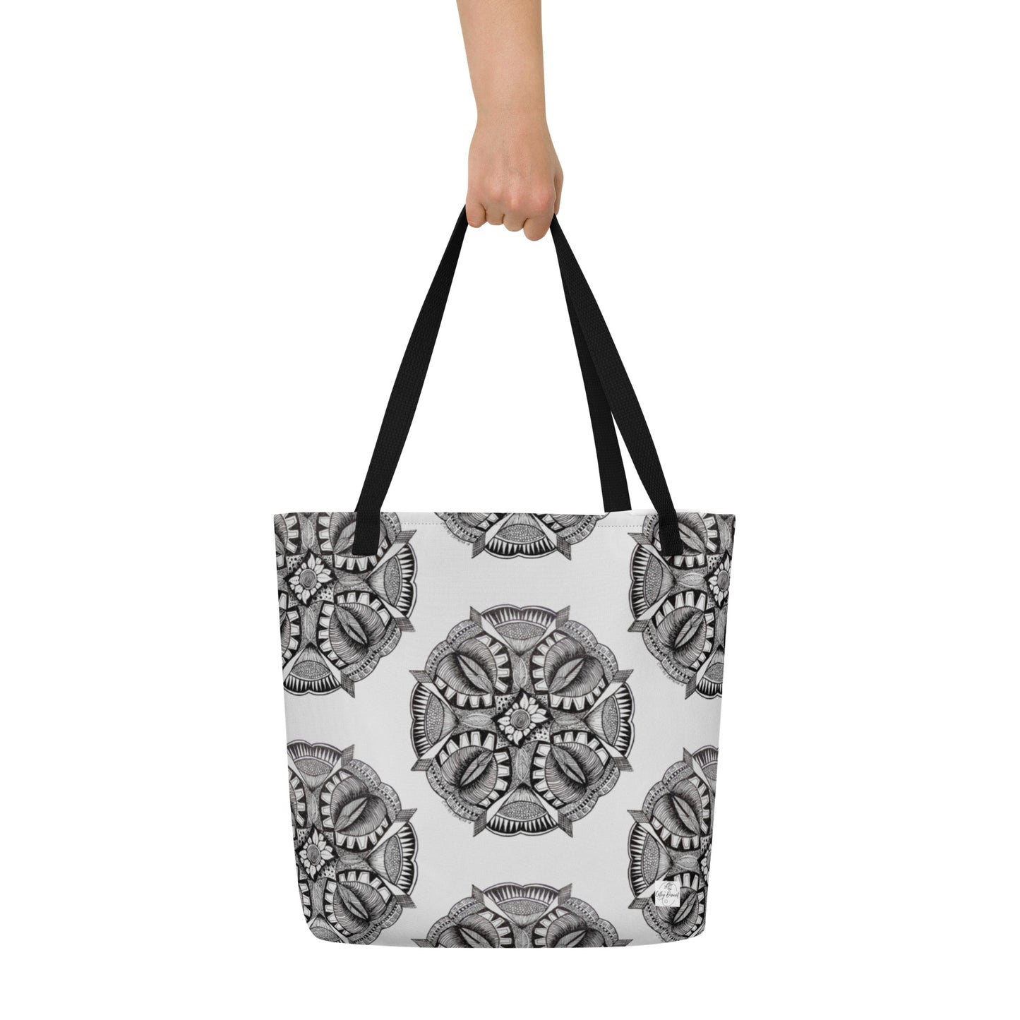 Tote Bag with Pocket - Zen-Dala, Monochrome Zentangle Mandala, Floral Artwork Design