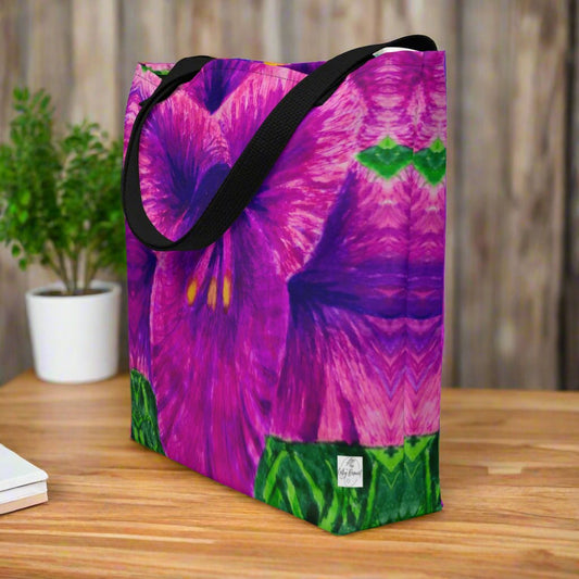 All-Over Print Large Tote Bag - Royal Reverie, Purple Gladiola Flower Artwork