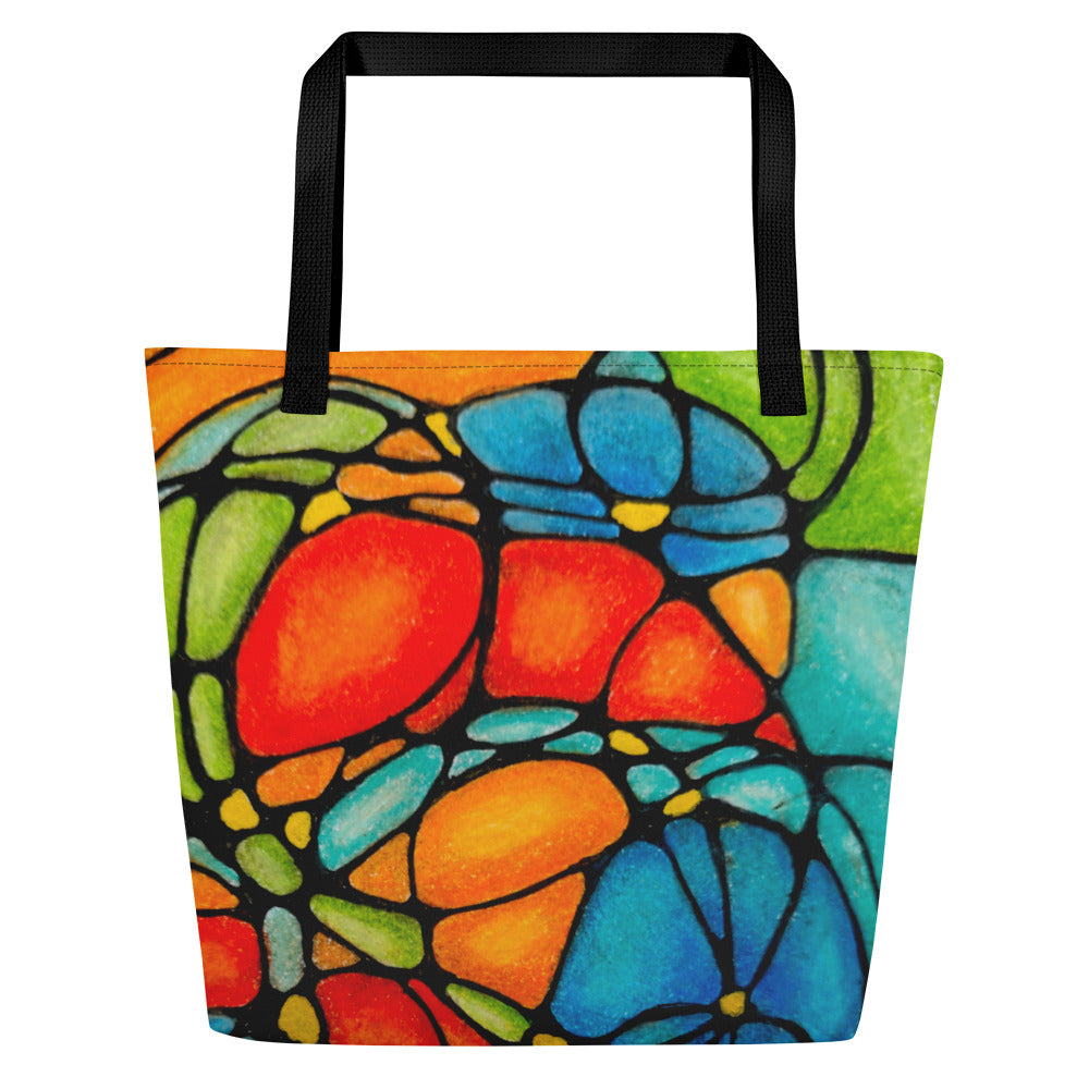 Large Tote Bag With Pocket - Petals in Motion - Vibrant Abstract Floral Artwork