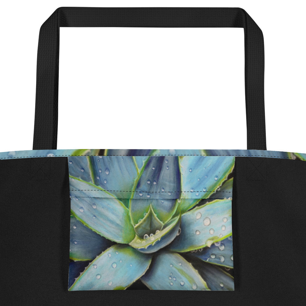 Desert Jewel Tote Bag with Pocket - Vibrant Agave Plant with Dew Drops Artwork by Cathy Dement