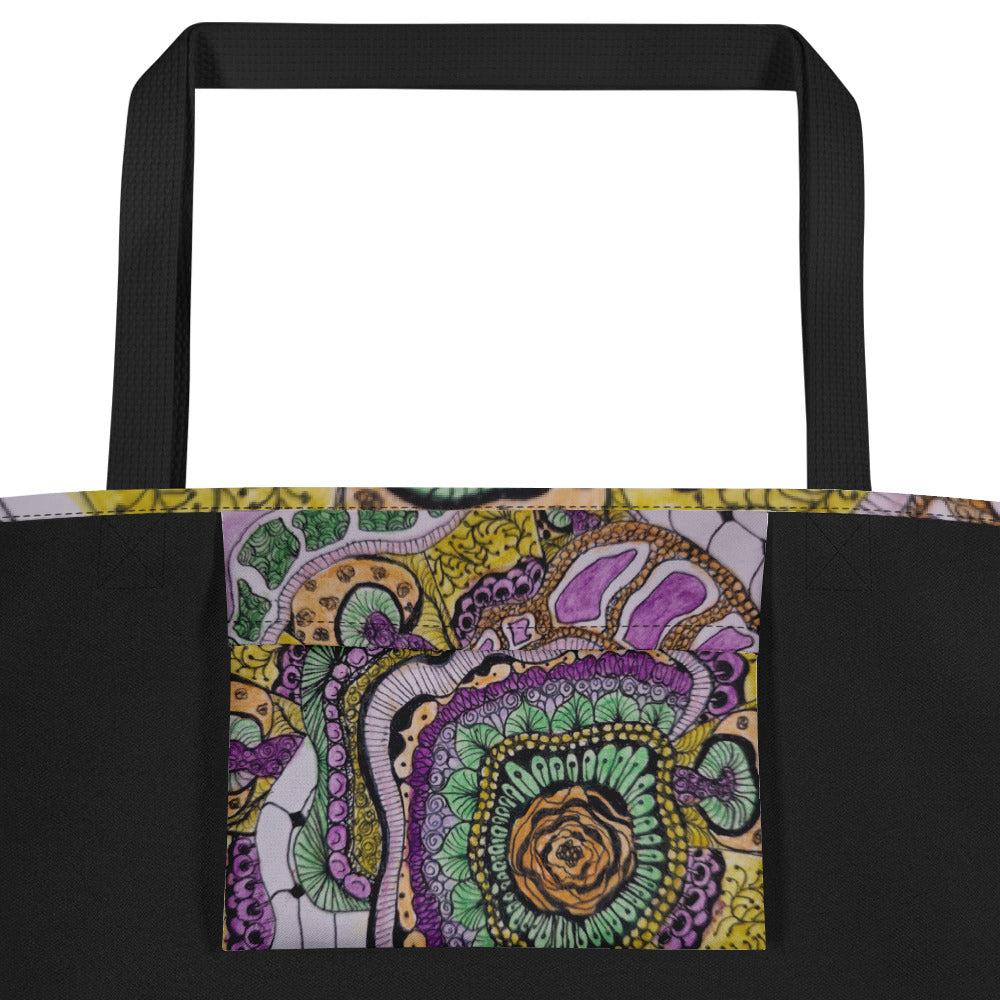 Tote Bag with Pocket: Zen Floral Bliss - Floral Zentangle Artwork Design by Cathy Dement, 16x20 Inches