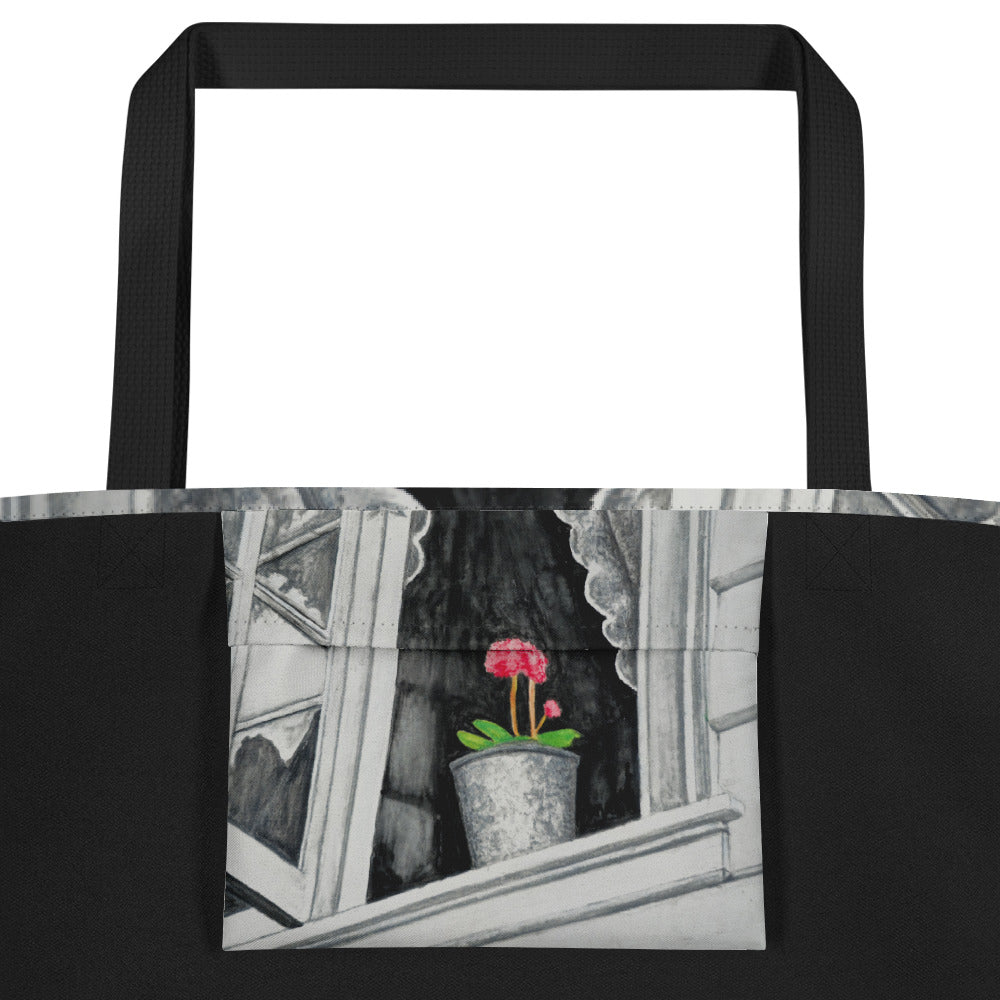 Tote Bag with Pocket: Stavanger Bloom Monochrome Window Portrait with Pink Flower Artwork Design by Cathy Dement, 16x20 Inches