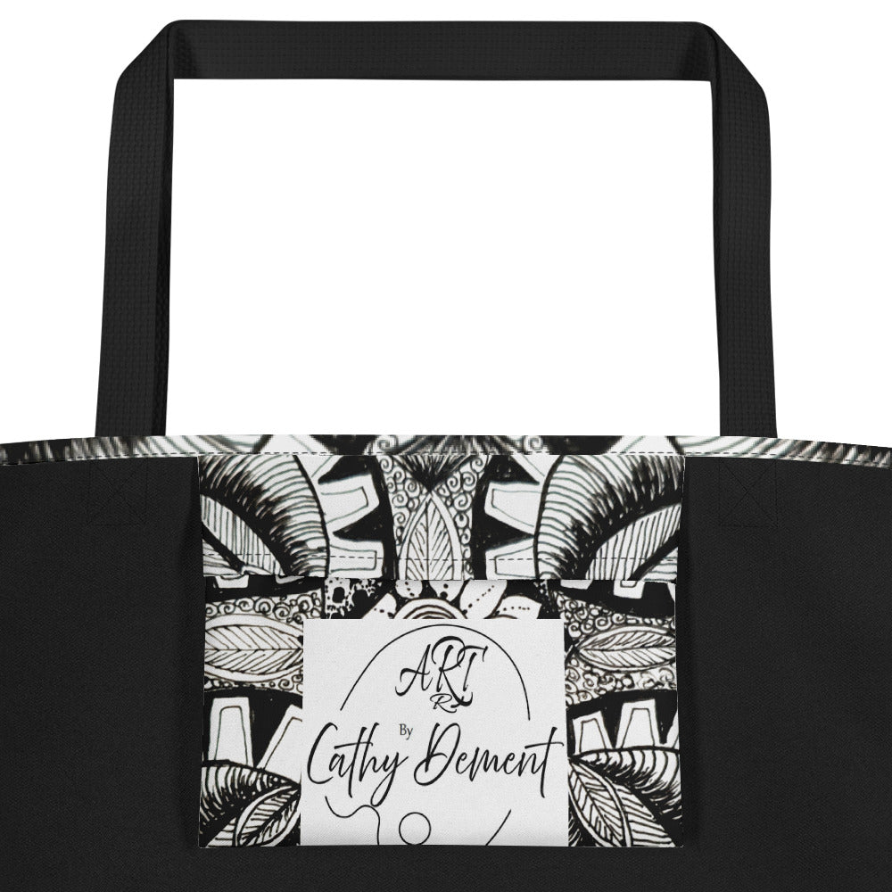 Large Tote Bag with Pocket - Zen-dala, Monochrome Zentangle, Floral Artwork Design