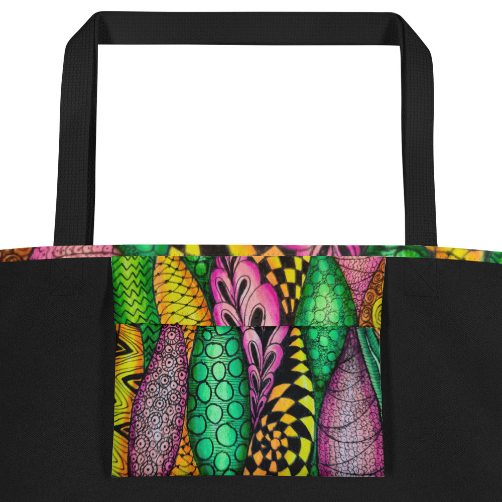 Large Tote Bag With Pocket - Zen Bloom,  Colorful Zentangle, Floral Artwork Design