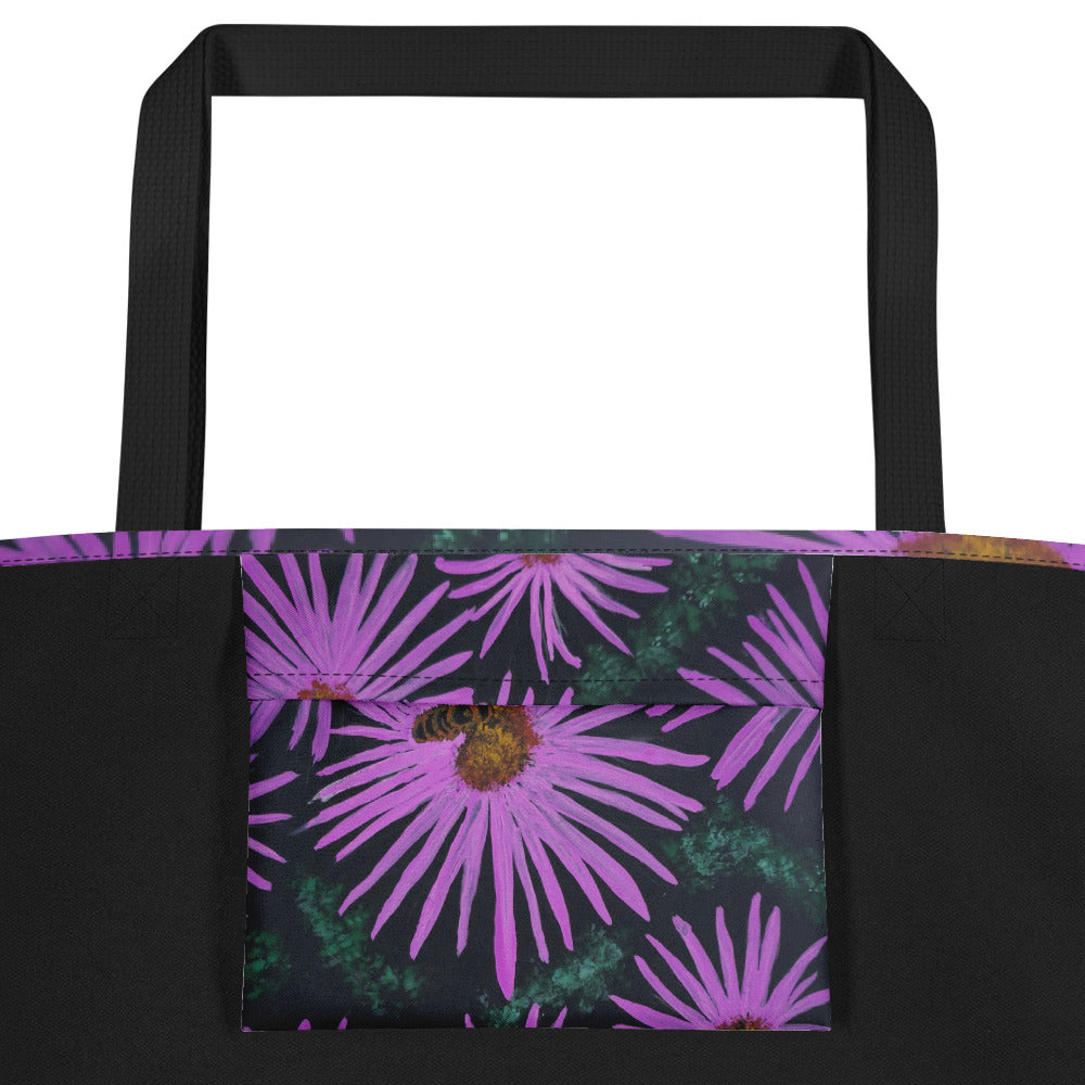 Large Tote Bag with Pocket - Purple Aster Flower with Bee - Colorful Floral Artwork Design