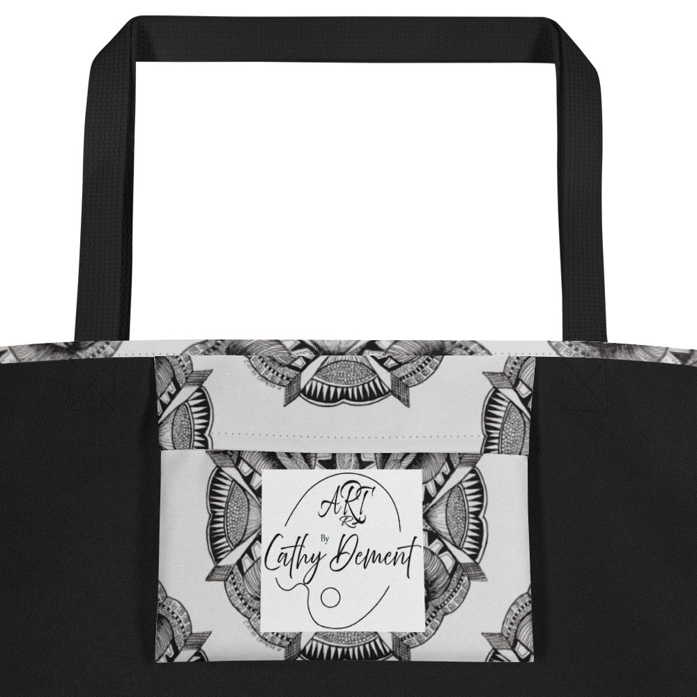 Tote Bag with Pocket - Zen-Dala, Monochrome Zentangle Mandala, Floral Artwork Design